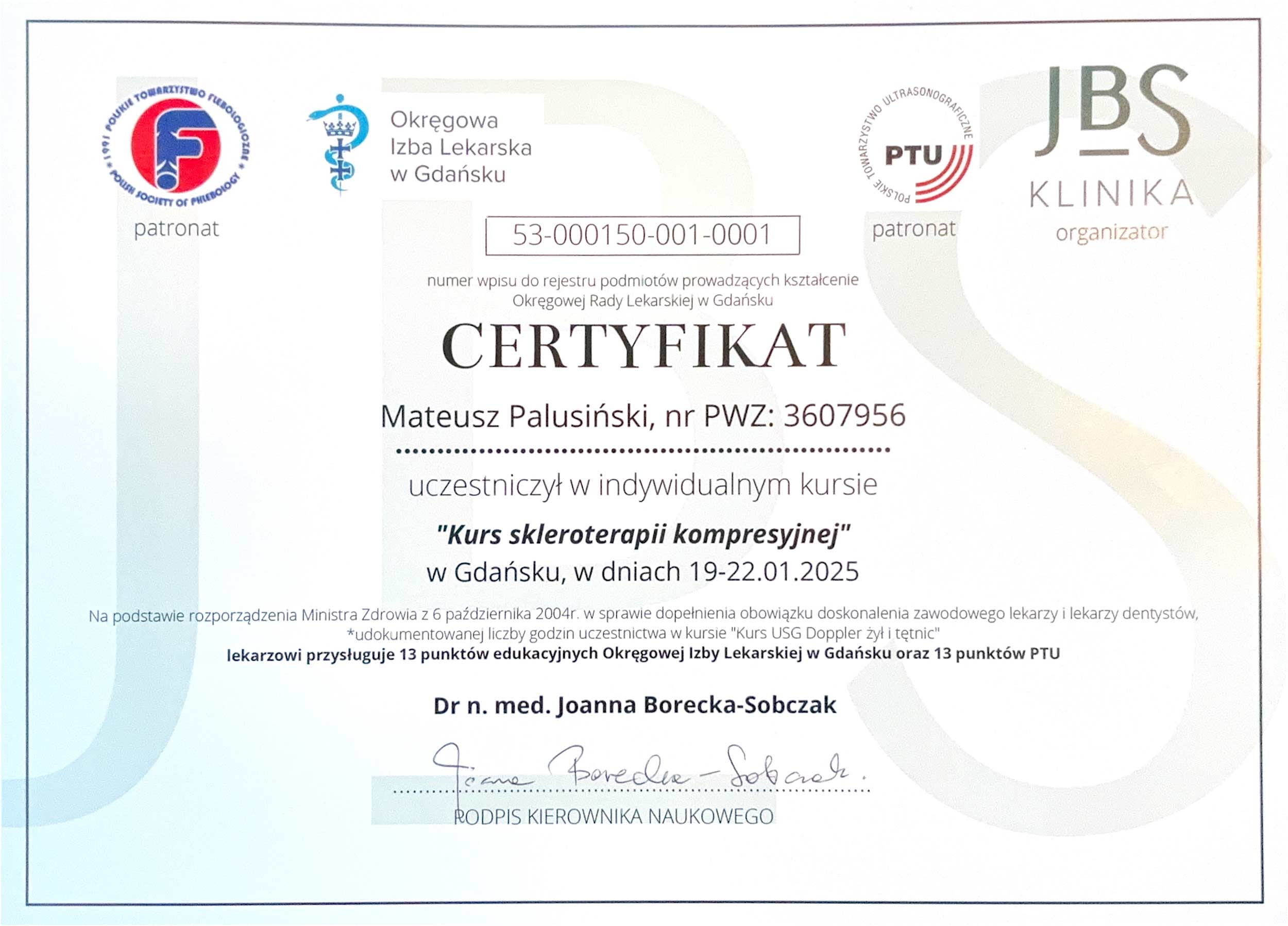 Certyfikat szkolenie USG Doppler Color lek. Mateusz Palusiński