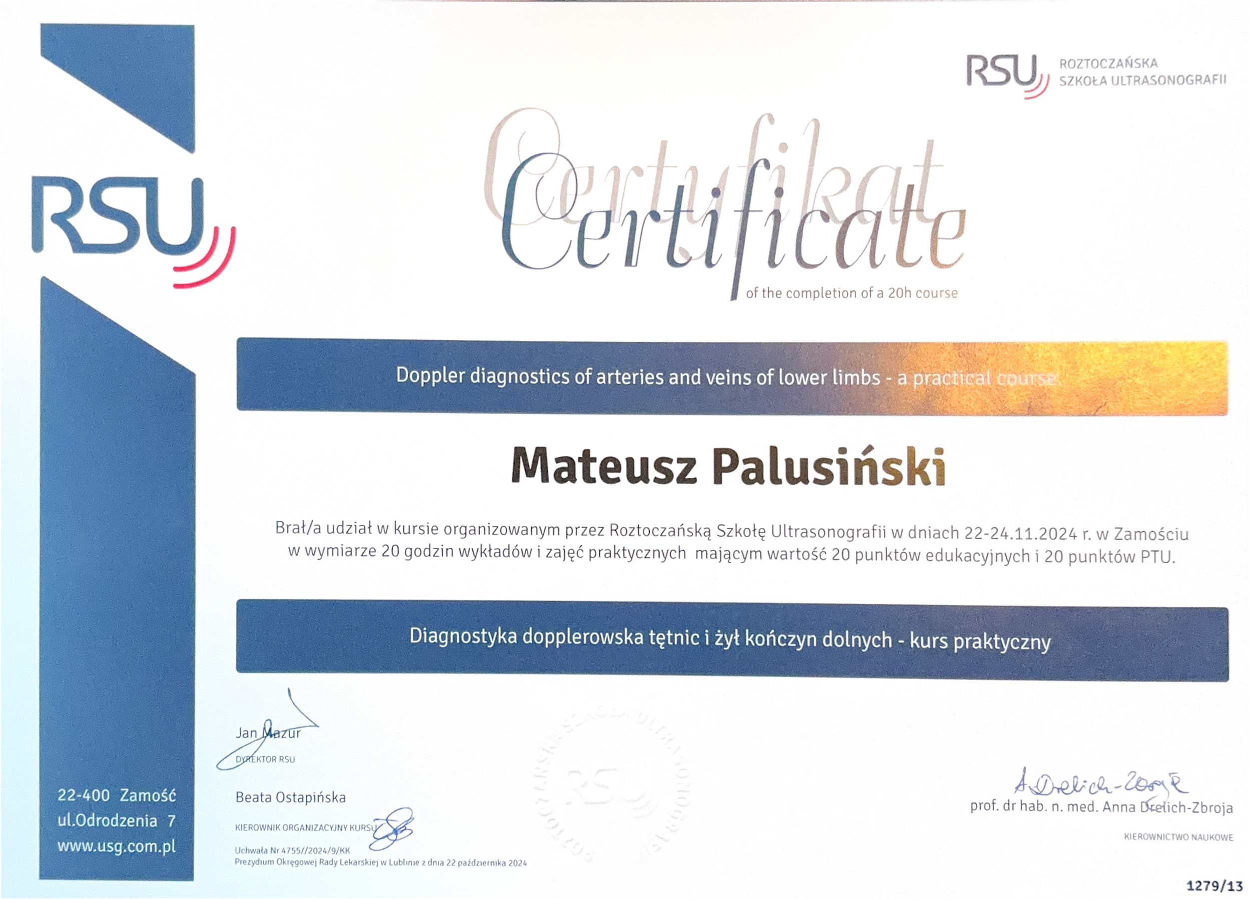 Certyfikat szkolenie USG Doppler Color lek. Mateusz Palusiński