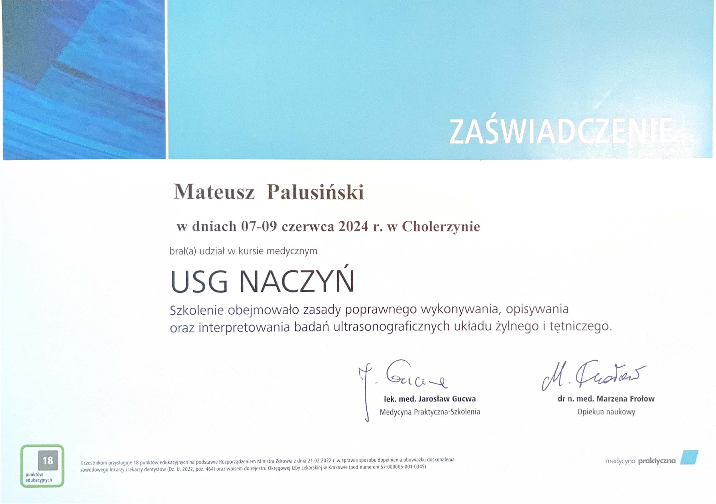 Certyfikat szkolenie USG Doppler Color lek. Mateusz Palusiński